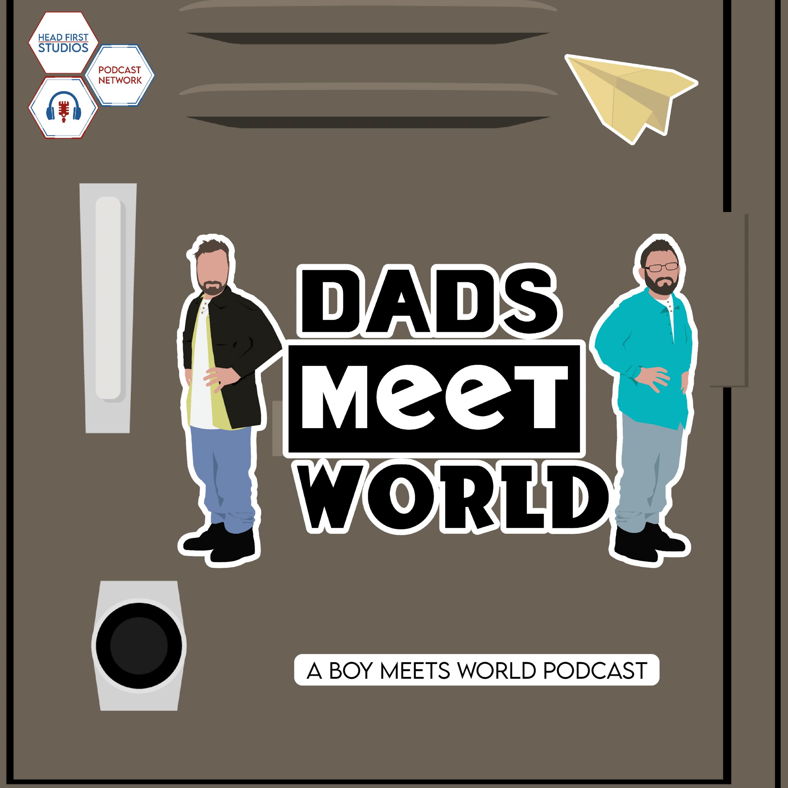 Caricatures of two dads stand on either side of the title of the Dads Meet World podcast.